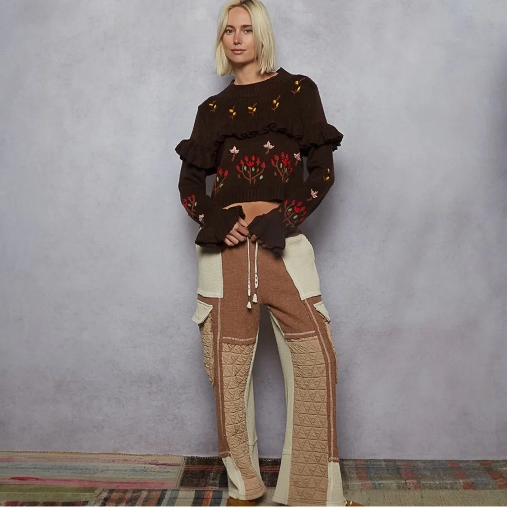 NWT POL Brown Floral Ruffle Sweater